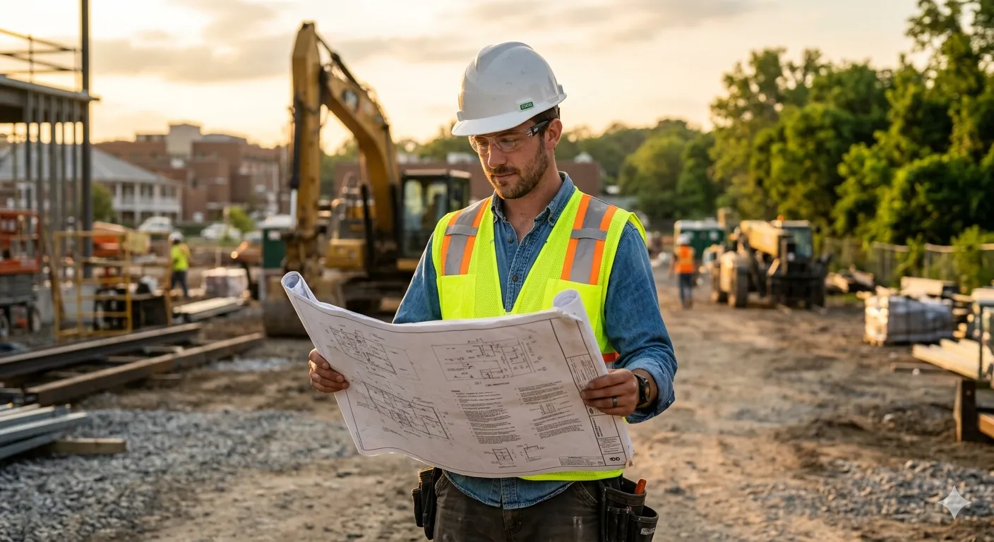 Professionnel du bâtiment sur chantier, plans à la main — Les Artistes